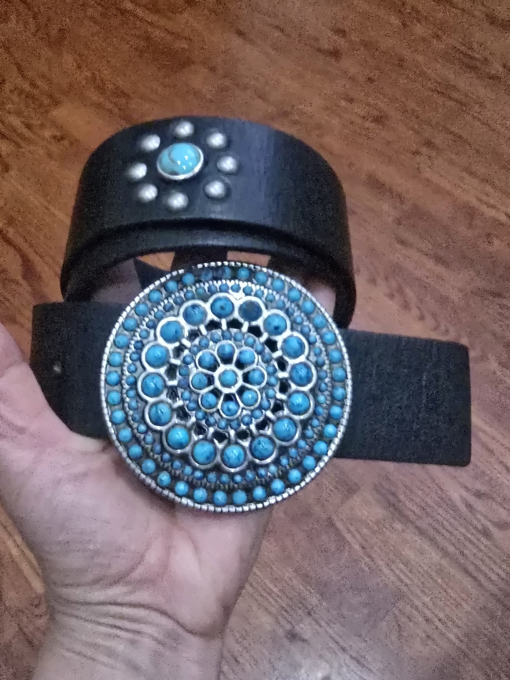Enmon Black Leather Western Belt Medium Turquoise Concho Studded